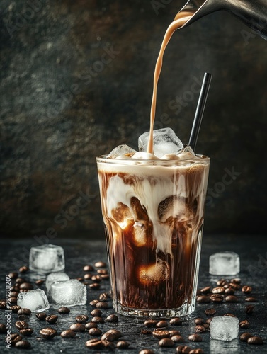 Ice coffee in a tall glass with cream poured over, ice cubes and beans on a dark concrete table with generative ai