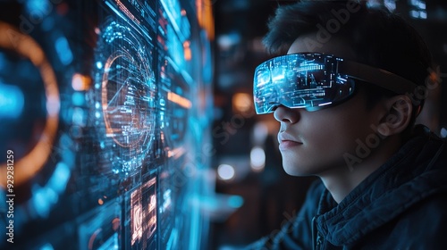 Young Man Immersed in Virtual Reality with Futuristic Graphics Displayed on Digital Screen