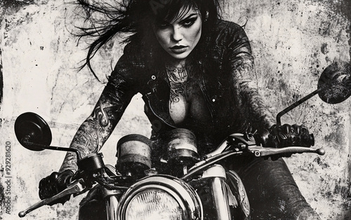 Powerful black and white image of a tattooed woman riding a motorcycle, capturing a gritty, rebellious aesthetic with strong, edgy visual elements, ideal for themes of empowerment and urban style. photo