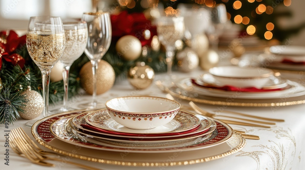Elegant Christmas Table Setting with Gold Decorations and Fine China for Holiday Celebration Elegant Christmas Table Setting with Gold Decorations and Fine China for Holiday Celebration