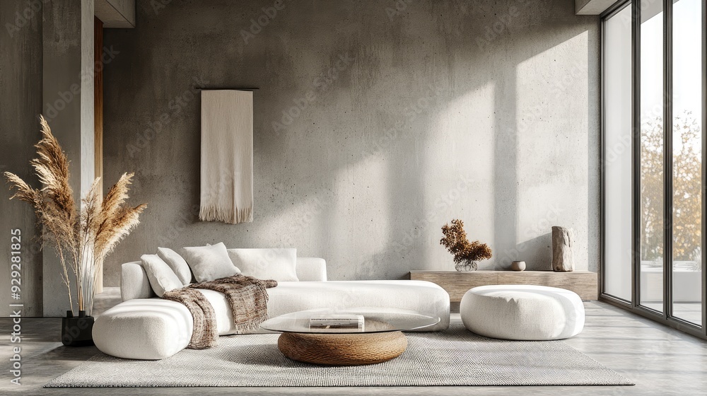 Modern Minimalist Living Room with Cozy Sofas and Natural Light from Large Windows Modern Minimalist Living Room with Cozy Sofas and Natural Light from Large Windows