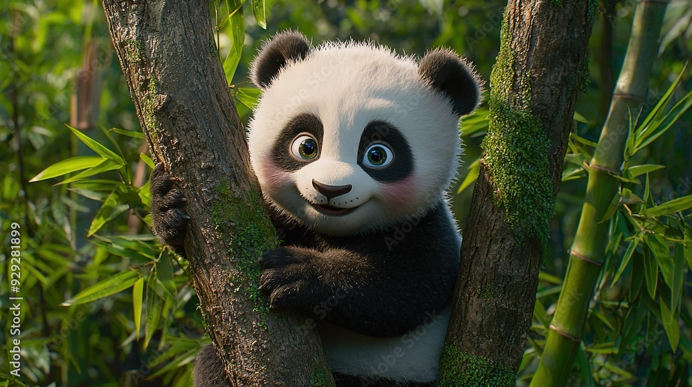 Obraz premium A panda bear sits high in a tree surrounded by a lush green forest, with plenty of leafy branches