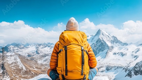 A backpacker enjoying a mountain view, knowing they are insured, Travel insurance, Adventure safety