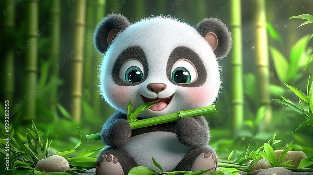  A panda bear sits in the grass, holding two bamboo sticks in its mouth