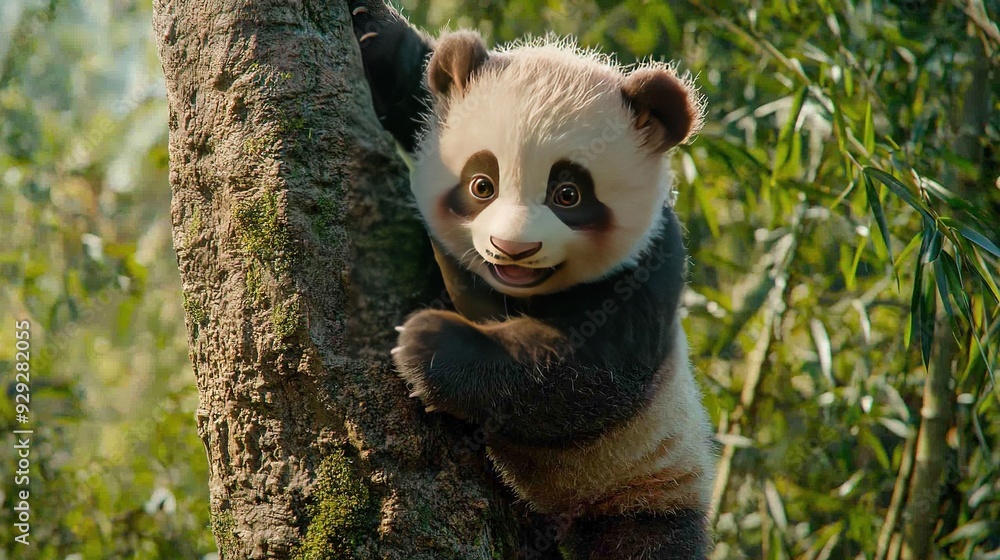 Fototapeta premium A panda bear skillfully ascending through a dense forest, its limbs adorned with lush greenery