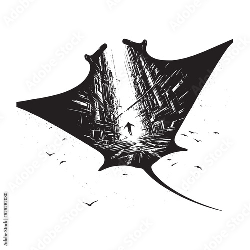 silhouette of Manta Ray filled with destroyed futuristic dystopia environment in rough drawing