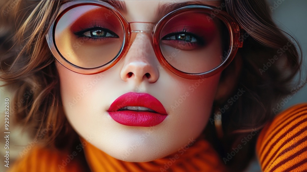 Close-up Glamour Portrait of Woman in Stylish Sunglasses with Bold Makeup Close-up Glamour Portrait of Woman in Stylish Sunglasses with Bold Makeup