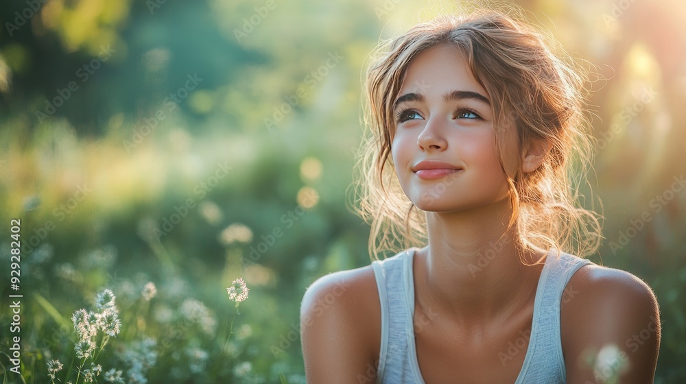Young Woman Enjoying Nature in Sunlit Meadow with Serene Expression Young Woman Enjoying Nature in Sunlit Meadow with Serene Expression