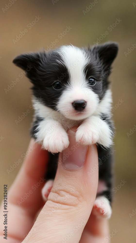 miniature border collie perched on top of a human's fingers, tiny animal miniature border collie perched on top of a human's fingers, tiny animal