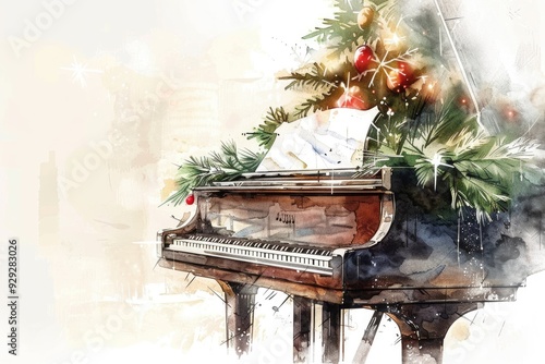 Magical Winter Concerto. Hand-drawn Watercolor Piano Keys in Snowy Christmas Melody