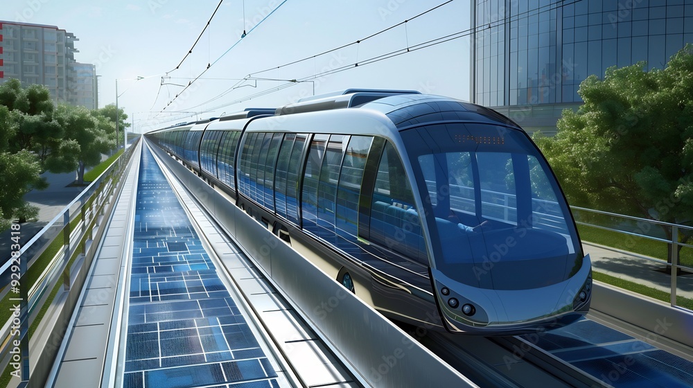 Naklejka premium Modern high speed monorail train with bright headlights passes race station on the stage through a tunnel at a road junction. 