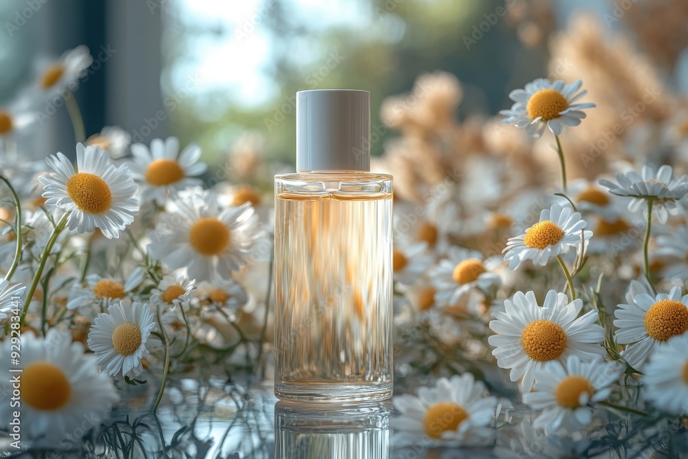 Elegant foundation bottles in frosted glass, set against a backdrop of blurred daisies. Professional shot highlighting the soft and smooth texture of the foundation. Elegant foundation bottles in frosted glass, set against a backdrop of blurred daisies. Professional shot highlighting the soft and smooth texture of the foundation.
