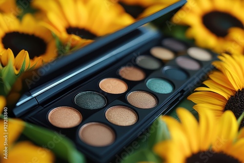 Glamorous bronzer palettes with warm tones, placed against a blurred backdrop of sunflowers. Professional shot highlighting the rich, warm shades and luxury of the bronzer. photo