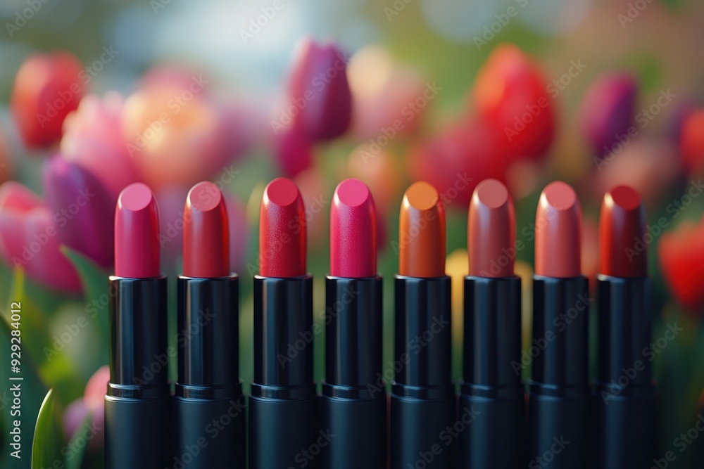 Glossy lipstick tubes in vibrant shades, with a blurred backdrop of tulips. Professional shot emphasizing the bold colors and sleek design of the lipsticks. Glossy lipstick tubes in vibrant shades, with a blurred backdrop of tulips. Professional shot emphasizing the bold colors and sleek design of the lipsticks.