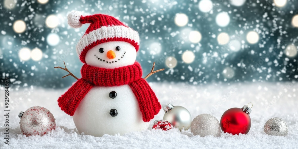 Cute snowman in a knitted hat and scarf standing on the side amidst falling snowflakes - winter holiday promotions, festive greetings, seasonal advertisements Cute snowman in a knitted hat and scarf standing on the side amidst falling snowflakes - winter holiday promotions, festive greetings, seasonal advertisements