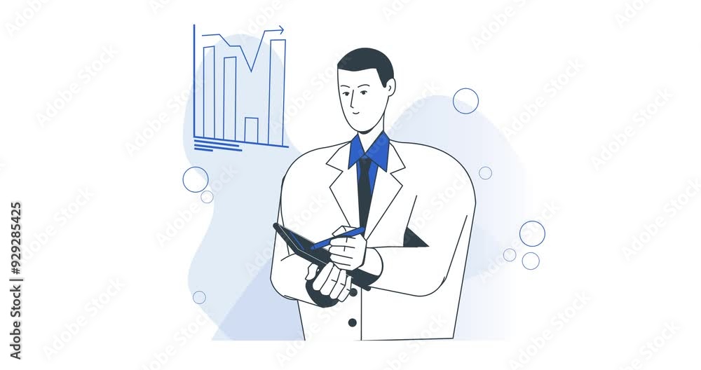 Scientific research. Moving banner with male chemist or laboratory worker analyzing results of scientific experiment. Innovative discovery. Medicine and biotechnology. Animated graphics in line style Scientific research. Moving banner with male chemist or laboratory worker analyzing results of scientific experiment. Innovative discovery. Medicine and biotechnology. Animated graphics in line style