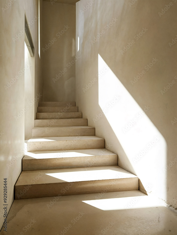 A narrow hallway with a set of stairs. The sunlight coming in through the window is casting shadows and creating a warm atmosphere. A narrow hallway with a set of stairs. The sunlight coming in through the window is casting shadows and creating a warm atmosphere.