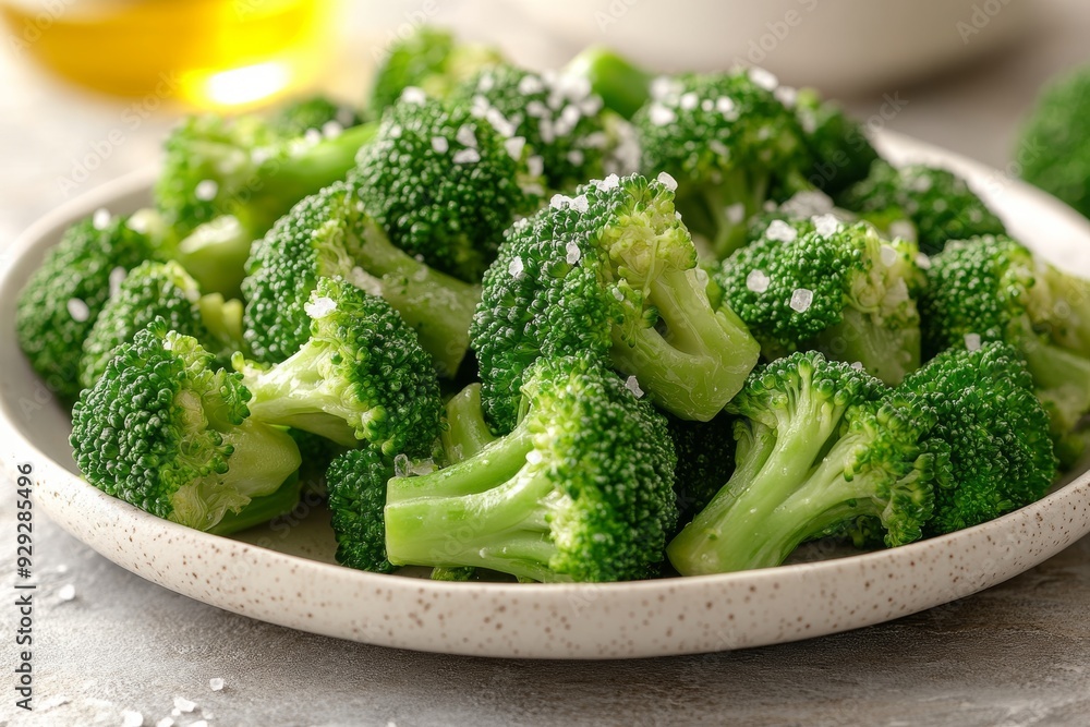 Steamed broccoli florets with sea salt, on a white plate Steamed broccoli florets with sea salt, on a white plate