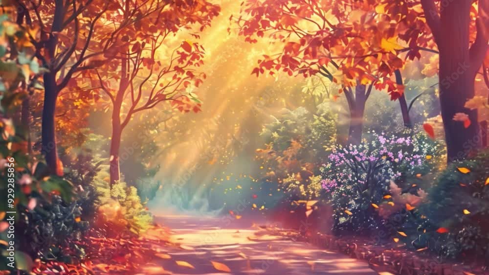 A winding path leads through a vibrant forest with golden sunlight dappling the leaves. A winding path leads through a vibrant forest with golden sunlight dappling the leaves.