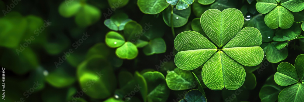 Good luck four-leaf clover on a green background. Horizontal banner. Free space for text. Talisman, symbol of luck and good fortune. For St Patrick's Day or symbolizing luck, fortune, and prosperity Good luck four-leaf clover on a green background. Horizontal banner. Free space for text. Talisman, symbol of luck and good fortune. For St Patrick's Day or symbolizing luck, fortune, and prosperity