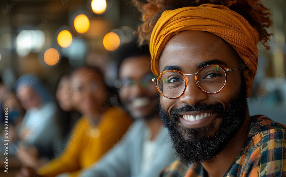 Smiling Man with Glasses and Headwrap in a Group Setting
Smiling Man with Glasses and Headwrap in a Group Setting