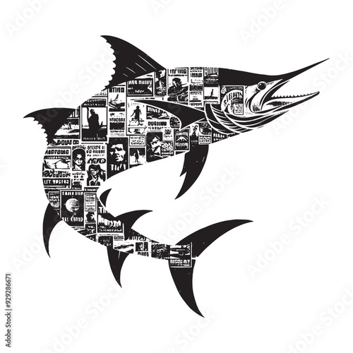 silhouette of Marlin filled with vintage punk's poster collage wall in rough drawing