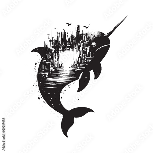 silhouette of Narwhal filled with destroyed futuristic dystopia environment in rough drawing