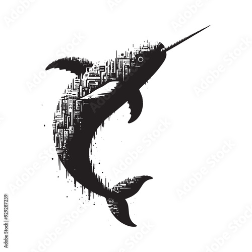 silhouette of Narwhal filled with destroyed futuristic dystopia environment in rough drawing