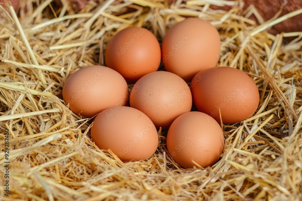 Pile of raw brown chicken eggs in straw with generaive ai Pile of raw brown chicken eggs in straw with generaive ai