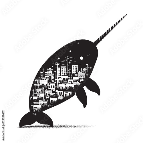 silhouette of Narwhal filled with ghetto street in rough drawing