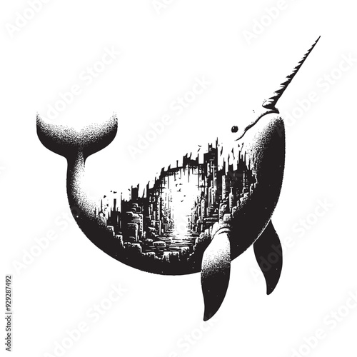 silhouette of Narwhal filled with destroyed futuristic dystopia environment in rough drawing