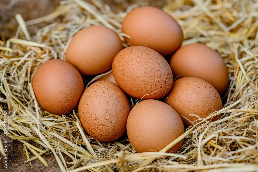 Pile of raw brown chicken eggs in straw with generaive ai Pile of raw brown chicken eggs in straw with generaive ai