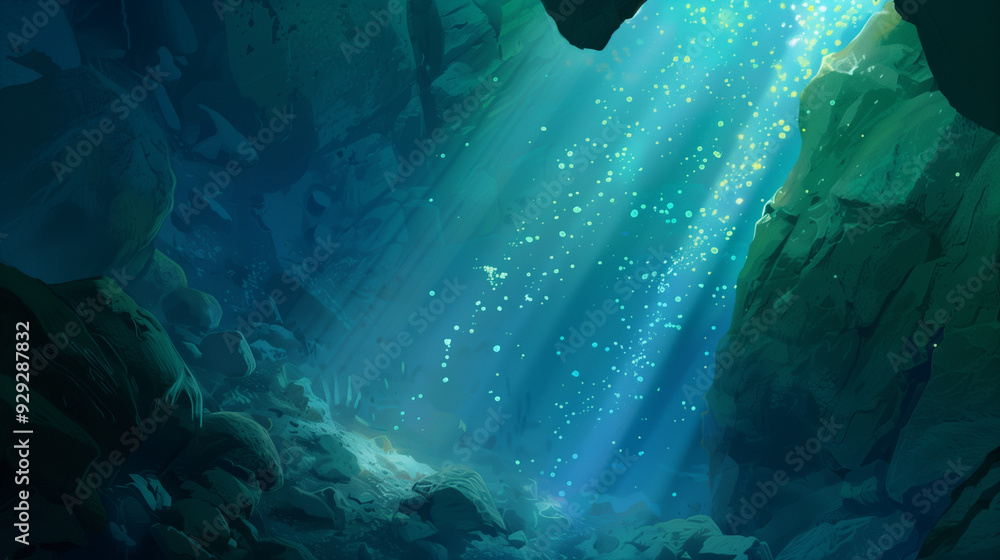 Obraz premium Sunbeams Through Deep Blue: A mesmerizing underwater scene reveals a sunbeam piercing through the deep blue ocean, illuminating a mysterious underwater landscape with a magical glow.