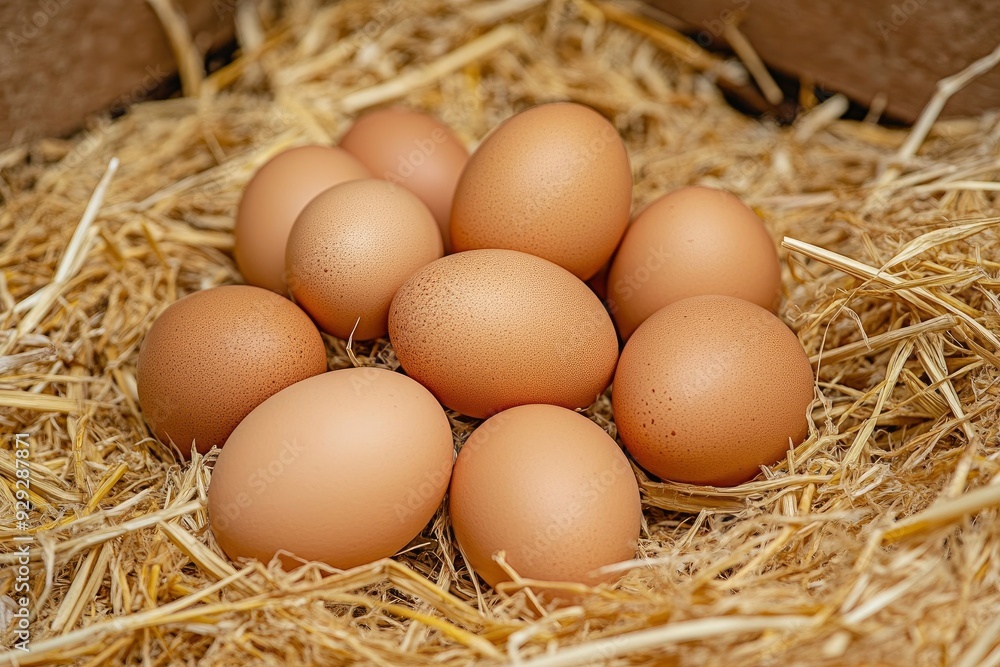 Pile of raw brown chicken eggs in straw with generaive ai Pile of raw brown chicken eggs in straw with generaive ai