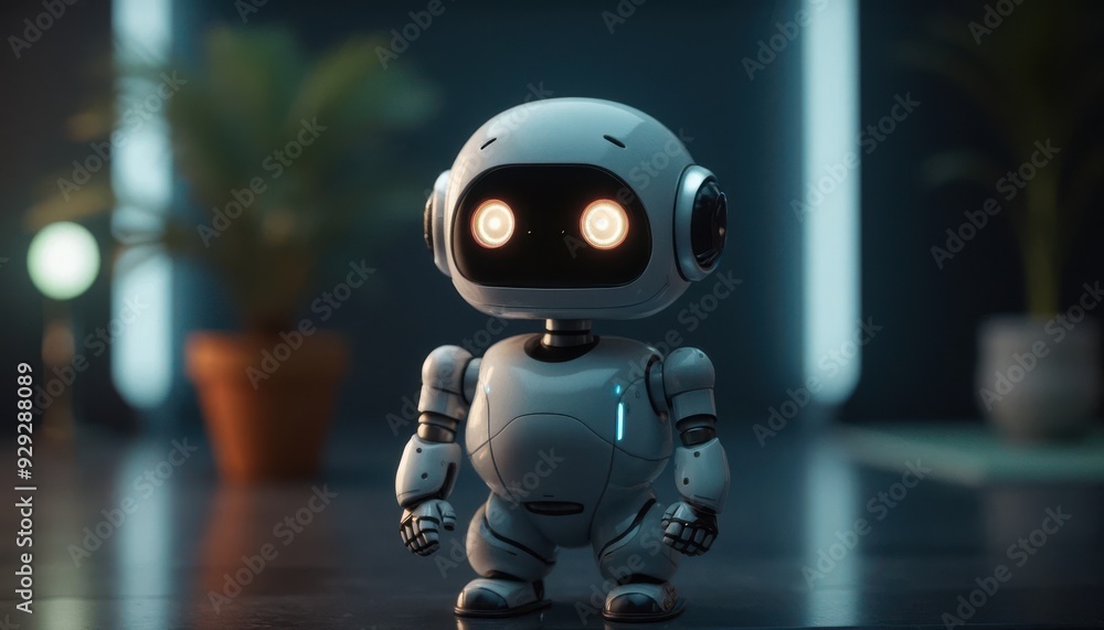 Cute Futuristic Robot with Glowing Eyes in a Modern Indoor Setting Cute Futuristic Robot with Glowing Eyes in a Modern Indoor Setting