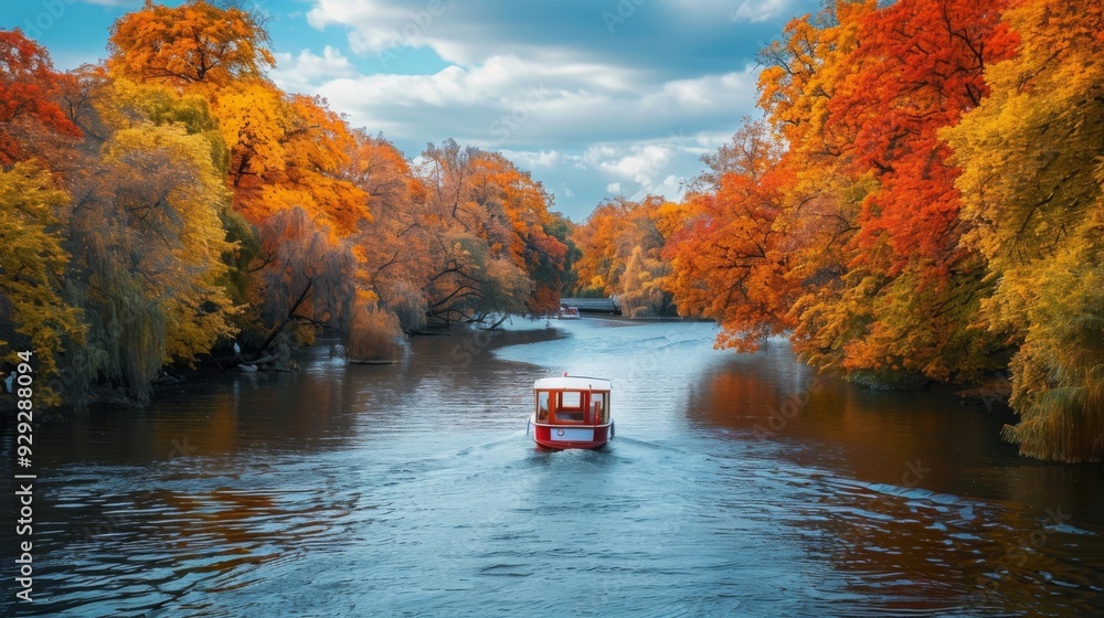 A small boat glides through a river surrounded by vibrant autumn trees reflecting bright oranges and yellows under a blue sky. A small boat glides through a river surrounded by vibrant autumn trees reflecting bright oranges and yellows under a blue sky.