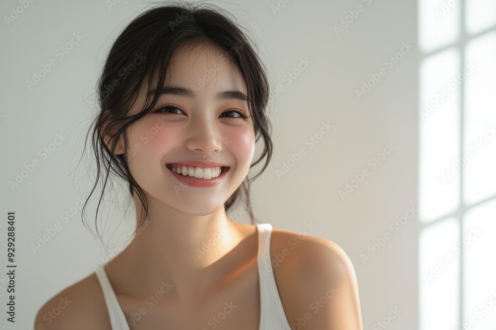Beautiful young Asian woman smiling and happy created with Generative AI Beautiful young Asian woman smiling and happy created with Generative AI