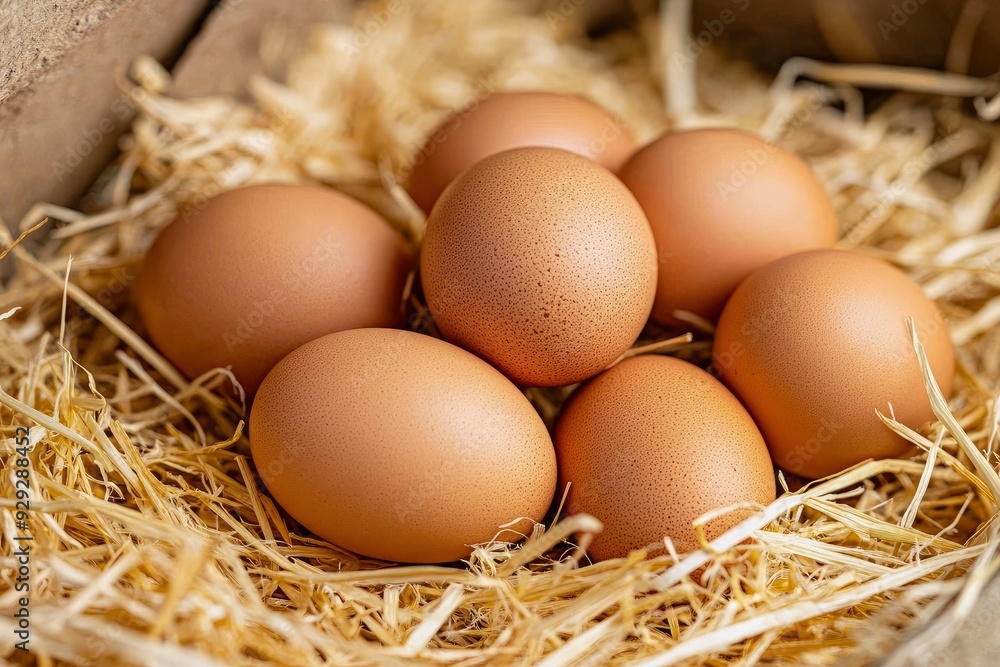 Pile of raw brown chicken eggs in straw with generaive ai Pile of raw brown chicken eggs in straw with generaive ai