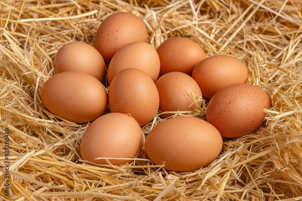 Pile of raw brown chicken eggs in straw with generaive ai Pile of raw brown chicken eggs in straw with generaive ai