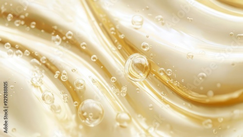 Macrotexture of serum. A glossy, golden-tinted translucent gel spread with smooth curves. Pure white, accentuating the gel's color.
