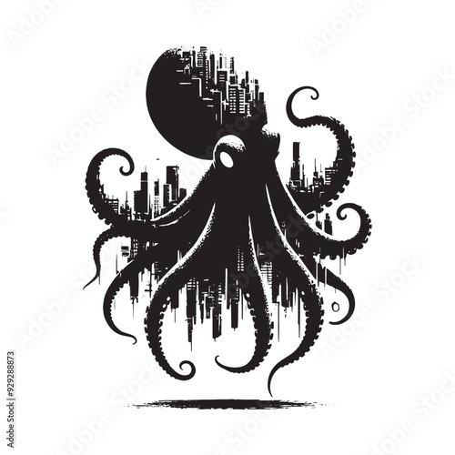 silhouette of Octopus filled with destroyed futuristic dystopia environment in rough drawing