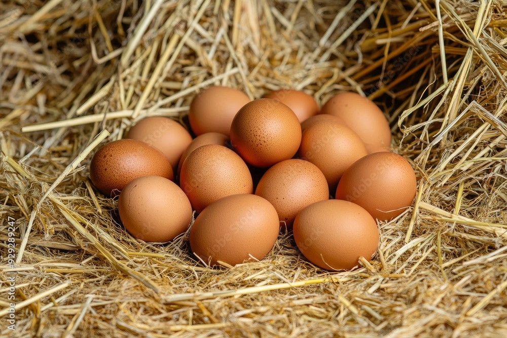 Pile of raw brown chicken eggs in straw with generaive ai Pile of raw brown chicken eggs in straw with generaive ai