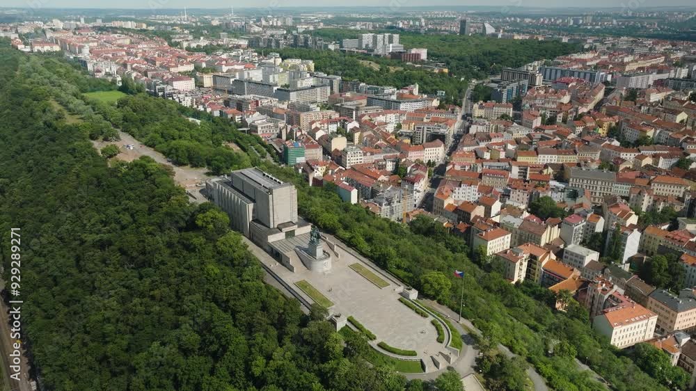 Prague city aerial view. Vítkov Hill and Statue of Jan Žižka by Bohumil Kafka on Vítkov Hill in Prague. Prague is the capital and largest city of the Czech Republic and the historical capital of Bohem Prague city aerial view. Vítkov Hill and Statue of Jan Žižka by Bohumil Kafka on Vítkov Hill in Prague. Prague is the capital and largest city of the Czech Republic and the historical capital of Bohem