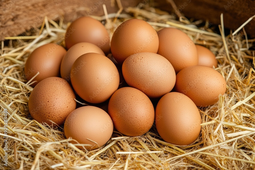 Pile of raw brown chicken eggs in straw with generaive ai Pile of raw brown chicken eggs in straw with generaive ai