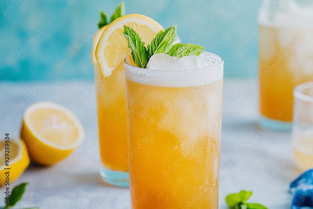 crisp ginger beer shandy, featuring a mix of pale ale and spicy ginger beer, poured over ice in a tall glass crisp ginger beer shandy, featuring a mix of pale ale and spicy ginger beer, poured over ice in a tall glass