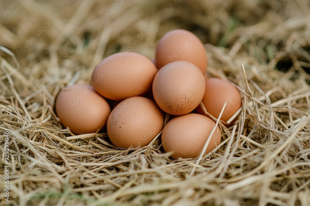 Pile of raw brown chicken eggs in straw with generaive ai Pile of raw brown chicken eggs in straw with generaive ai