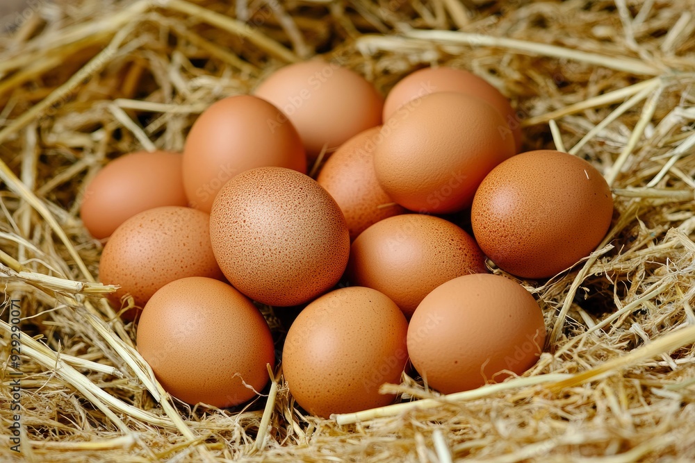 Pile of raw brown chicken eggs in straw with generaive ai Pile of raw brown chicken eggs in straw with generaive ai