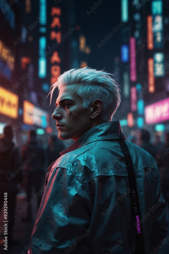 Fototapeta premium Man with White Hair in Cyberpunk Style in Megalopolis of the Future Amidst City Hustle.