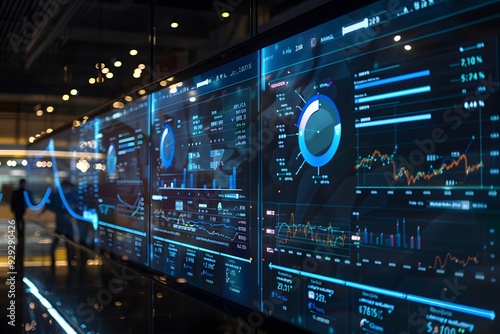 An advanced business analytics dashboard projected onto a large, transparent screen with real-time financial metrics, predictive models, and interactive graphs.