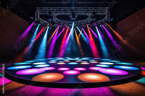 A modern dance stage with colorful spotlights creating dynamic patterns